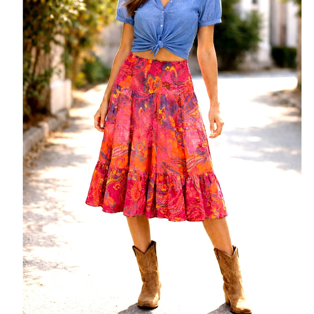 Lauren Ralph Lauren Linen Paisley Tiered Midi Skirt S Pink Orange Boho Lagenlook